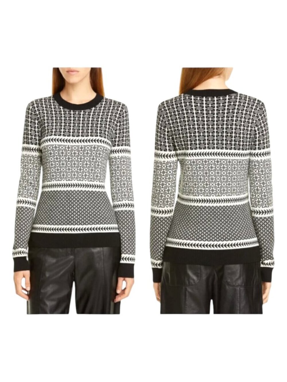 Jason Wu Merino Wool Fair Isle Sweater Women Small Black Ivory Nordic Luxury